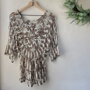 Vintage Y2K Vivid Collection Brown White Crocheted Swim Cover Up Blouse
